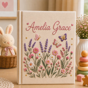 Personalized Wildflower Embroidered Baby Photo Album, Custom Name Floral Memory Book, Butterfly Newborn Album Keepsake, Baby Shower Gift