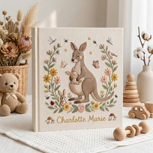 Personalized Kangaroo Embroidered Baby Photo Album, Mama Baby Animal Keepsake, Floral Nursery Custom Name Memory Book Gift