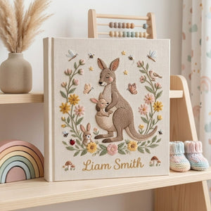 Personalized Kangaroo Embroidered Baby Photo Album, Mama Baby Animal Keepsake, Floral Nursery Custom Name Memory Book Gift