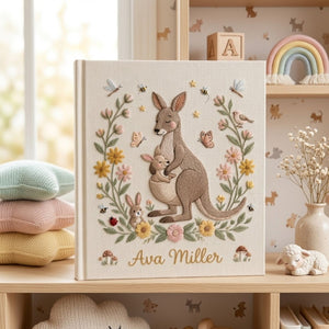 Personalized Kangaroo Embroidered Baby Photo Album, Mama Baby Animal Keepsake, Floral Nursery Custom Name Memory Book Gift