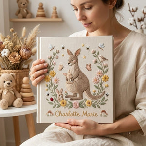 Personalized Kangaroo Embroidered Baby Photo Album, Mama Baby Animal Keepsake, Floral Nursery Custom Name Memory Book Gift