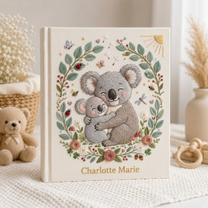 Personalized Koala Embroidered Baby Photo Album, Mama Baby Animal Keepsake, Floral Wreath Nursery Custom Name Memory Book Gift