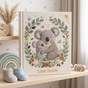 Personalized Koala Embroidered Baby Photo Album, Mama Baby Animal Keepsake, Floral Wreath Nursery Custom Name Memory Book Gift