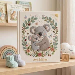 Personalized Koala Embroidered Baby Photo Album, Mama Baby Animal Keepsake, Floral Wreath Nursery Custom Name Memory Book Gift