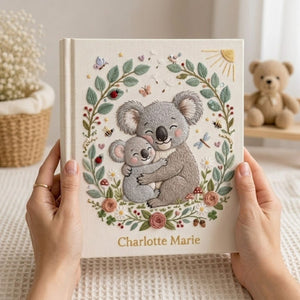 Personalized Koala Embroidered Baby Photo Album, Mama Baby Animal Keepsake, Floral Wreath Nursery Custom Name Memory Book Gift