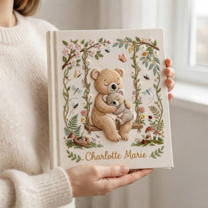 Personalized Teddy Bear Embroidered Baby Photo Album, Bear Swing Floral Nursery Keepsake, Custom Name Baby Memory Book Gift