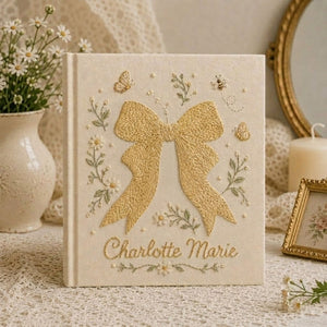 Personalized Bow Embroidered Baby Photo Album, Coquette Baby Girl Keepsake, Minimal Floral Custom Name Nursery Memory Book Gift