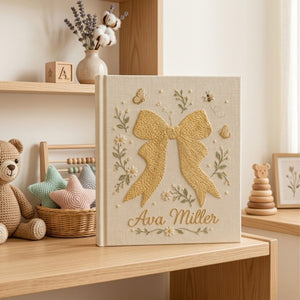 Personalized Bow Embroidered Baby Photo Album, Coquette Baby Girl Keepsake, Minimal Floral Custom Name Nursery Memory Book Gift