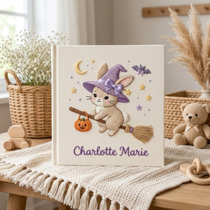 Hand Embroidered Baby Photo Album, Witch Bunny Halloween Album, Personalized Baby Name Album, Custom Newborn Memory Book Gift