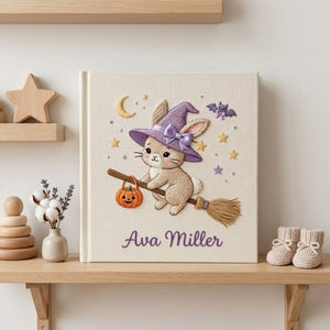 Hand Embroidered Baby Photo Album, Witch Bunny Halloween Album, Personalized Baby Name Album, Custom Newborn Memory Book Gift