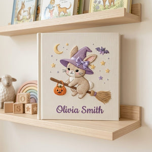 Hand Embroidered Baby Photo Album, Witch Bunny Halloween Album, Personalized Baby Name Album, Custom Newborn Memory Book Gift