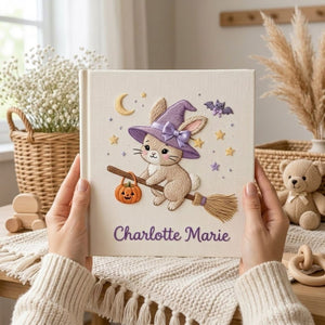 Hand Embroidered Baby Photo Album, Witch Bunny Halloween Album, Personalized Baby Name Album, Custom Newborn Memory Book Gift