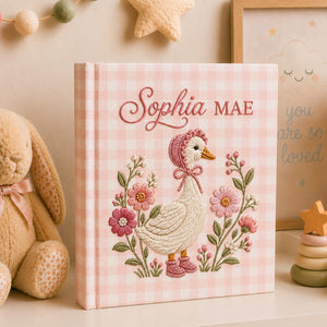 Personalized Embroidered Goose Baby Photo Album, Embroidered Wildflower Goose Baby Book, Custom Name Gingham Album Keepsake,Baby Shower Gift