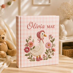 Personalized Embroidered Goose Baby Photo Album, Embroidered Wildflower Goose Baby Book, Custom Name Gingham Album Keepsake,Baby Shower Gift