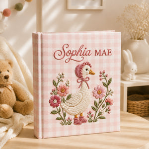 Personalized Embroidered Goose Baby Photo Album, Embroidered Wildflower Goose Baby Book, Custom Name Gingham Album Keepsake,Baby Shower Gift
