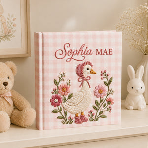 Personalized Embroidered Goose Baby Photo Album, Embroidered Wildflower Goose Baby Book, Custom Name Gingham Album Keepsake,Baby Shower Gift