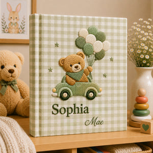 Personalized Embroidered Teddy Bear Baby Photo Album, Gingham Car and Balloon Memory Book, Custom Name Bear Album Keepsake, Newborn Gift