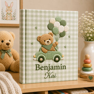 Personalized Embroidered Teddy Bear Baby Photo Album, Gingham Car and Balloon Memory Book, Custom Name Bear Album Keepsake, Newborn Gift