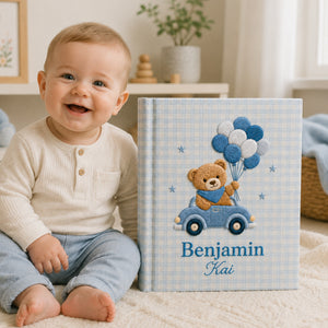 Personalized Embroidered Teddy Bear Baby Photo Album, Gingham Car and Balloon Memory Book, Custom Name Bear Album Keepsake, Baby Shower Gift