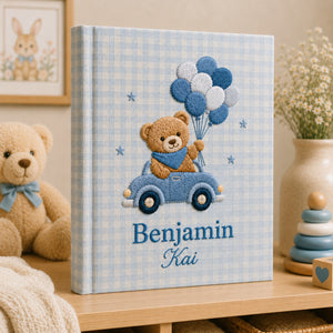 Personalized Embroidered Teddy Bear Baby Photo Album, Gingham Car and Balloon Memory Book, Custom Name Bear Album Keepsake, Baby Shower Gift