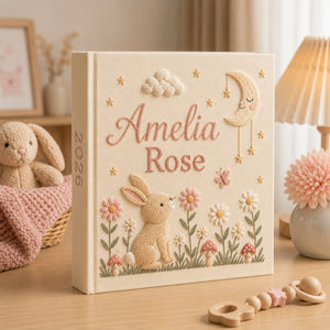 Personalized Embroidered Bunny Baby Photo Album, Floral Moon and Mushroom Memory Baby Book, Unique Photo Album, Baby Girl Shower Gift