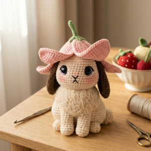 Crochet Flower Bunny Plush, Handmade Amigurumi Rabbit Doll With Pink Blossom Hat, Cute Cottagecore Nursery Toy, 4-12 Inch Gift