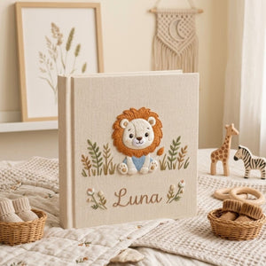 Personalized Baby Photo Album, Hand Embroidered Dinosaur Memory Book, Custom Name Keepsake, Woodland Nursery Gift, Newborn, Baby Shower Gift