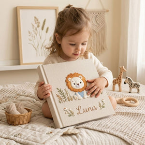 Personalized Baby Photo Album, Hand Embroidered Dinosaur Memory Book, Custom Name Keepsake, Woodland Nursery Gift, Newborn, Baby Shower Gift