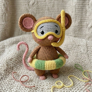 Crochet Swimming Mouse Plush Handmade Amigurumi Mouse With Snorkel Mask & Pool Float, Cute Summer Nursery Toy, 4-12 Inch Gift Decor Doll Set