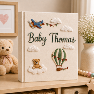 Hand Embroidered Baby Photo Album with Teddy Bear, Hot Air Balloon & Airplane Linen Memory Book, Newborn Keepsake Album, Baby Shower Gift