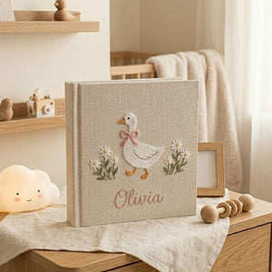 Personalized Baby Photo Album, Hand Embroidered Dinosaur Memory Book, Custom Name Keepsake, Woodland Nursery Gift, Newborn, Baby Shower Gift