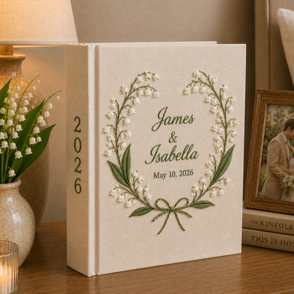 Custom Hand Embroidered Wedding Photo Album, Swan Heart Lily of the Valley Memory Book, Lily of the Valley Wedding Book, Bridal Gift