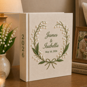 Custom Hand Embroidered Wedding Photo Album, Swan Heart Lily of the Valley Memory Book, Lily of the Valley Wedding Book, Bridal Gift