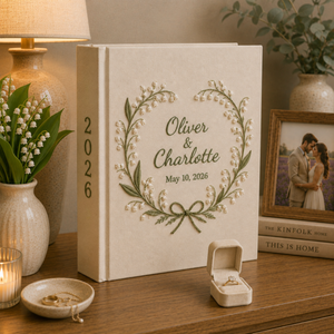 Custom Hand Embroidered Wedding Photo Album, Swan Heart Lily of the Valley Memory Book, Lily of the Valley Wedding Book, Bridal Gift