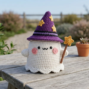 Crochet Wizard Ghost Plush, Handmade Amigurumi Ghost With Purple Star Hat & Wand, Spooky Cute Nursery Toy, Halloween Gift 4-12 Inch Doll Set