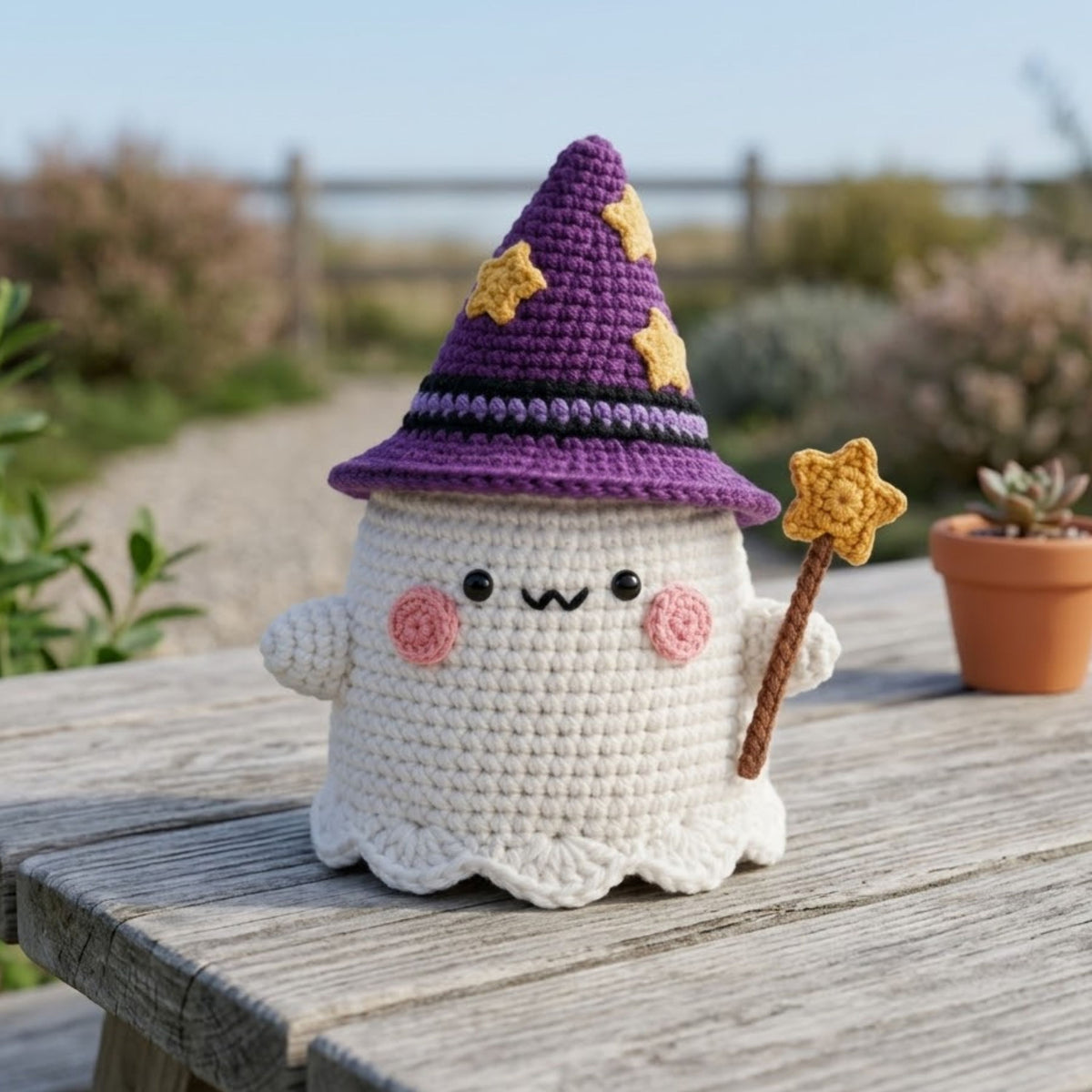 Crochet Wizard Ghost Plush, Handmade Amigurumi Ghost With Purple Star Hat & Wand, Spooky Cute Nursery Toy, Halloween Gift 4-12 Inch Doll Set
