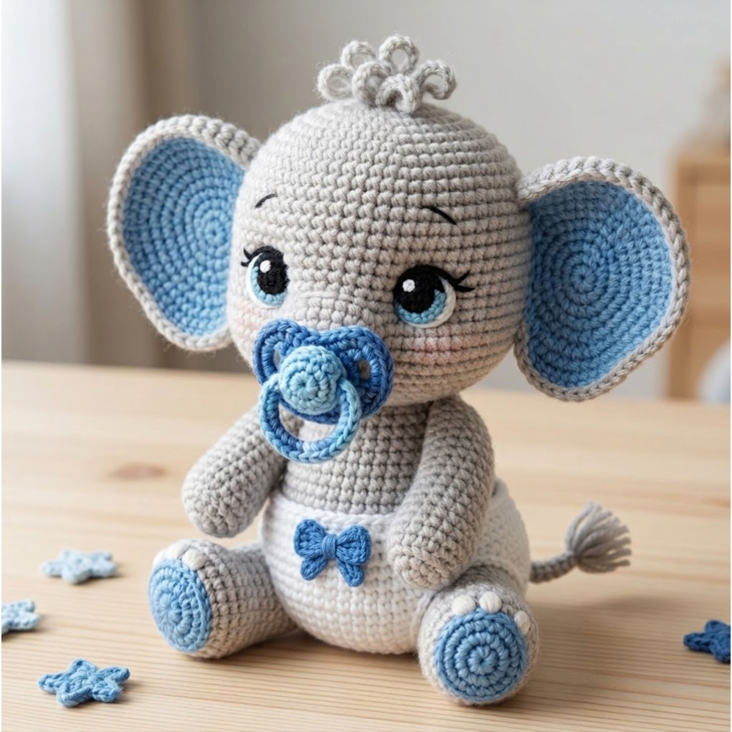 Crochet Baby Elephant Plush, Handmade Amigurumi Elephant Doll With Blue Pacifier, Cute Nursery Toy, Baby Shower Gift, 4-12 Inch Decor Dolls