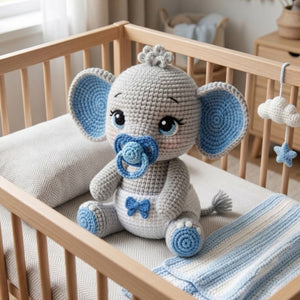 Crochet Baby Elephant Plush, Handmade Amigurumi Elephant Doll With Blue Pacifier, Cute Nursery Toy, Baby Shower Gift, 4-12 Inch Decor Dolls