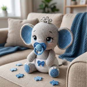 Crochet Baby Elephant Plush, Handmade Amigurumi Elephant Doll With Blue Pacifier, Cute Nursery Toy, Baby Shower Gift, 4-12 Inch Decor Dolls