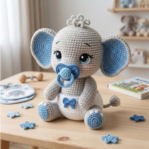 Crochet Baby Elephant Plush, Handmade Amigurumi Elephant Doll With Blue Pacifier, Cute Nursery Toy, Baby Shower Gift, 4-12 Inch Decor Dolls