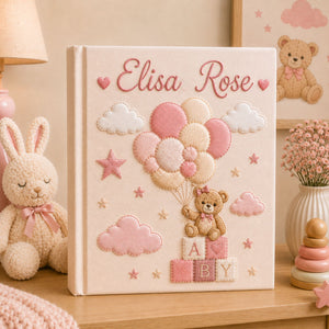 Personalized Hand Embroidered Baby Girl Photo Album, Custom Teddy Bear Balloon Memory Book, Newborn Keepsake Album, Baby Shower Gift