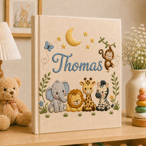 Personalized Embroidered Safari Baby Photo Album, Personalized Name Jungle Animal Baby Book, Custom Newborn Keepsake Album, Newborn Gift