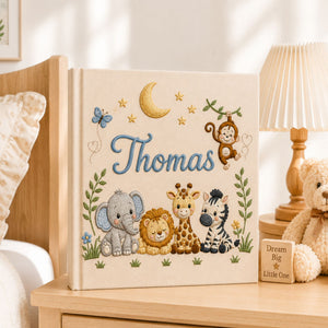 Personalized Embroidered Safari Baby Photo Album, Personalized Name Jungle Animal Baby Book, Custom Newborn Keepsake Album, Newborn Gift