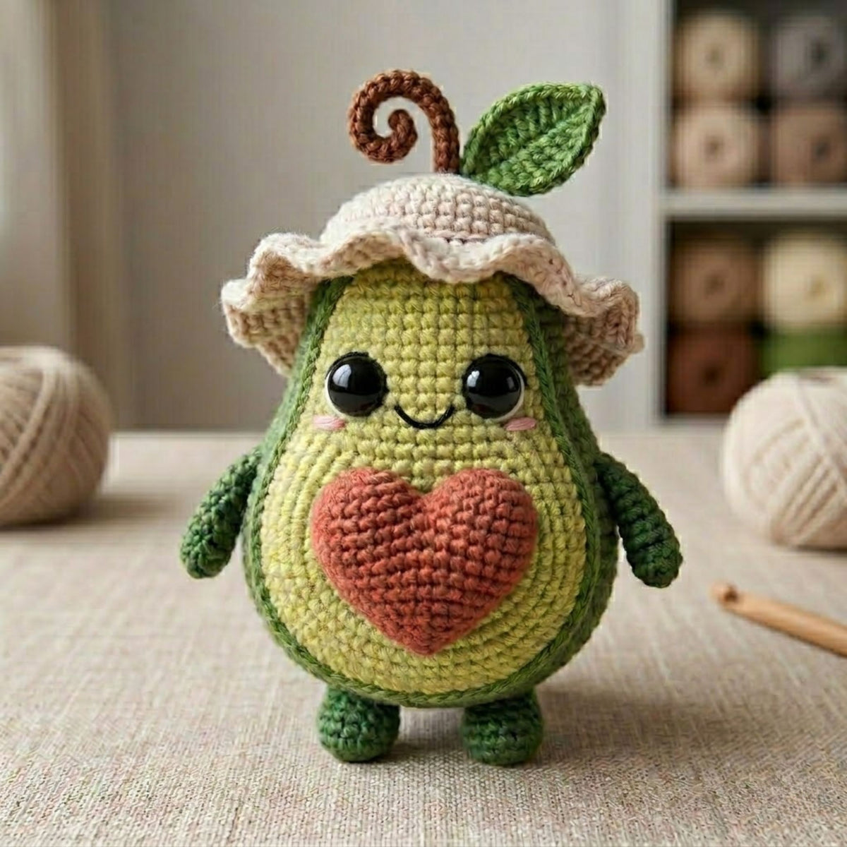 Crochet Avocado Doll with Heart, Handmade Amigurumi Fruit Plush, Cute Green Nursery Decor, Baby Shower Gift, Sizes 4-12in for Kids Room Gift