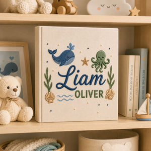 Personalized Embroidered Ocean Nursery Baby Photo Album, Custom Baby Name Whale Sailboat Baby Book, Baby Shower Gift, Sea Animal Album
