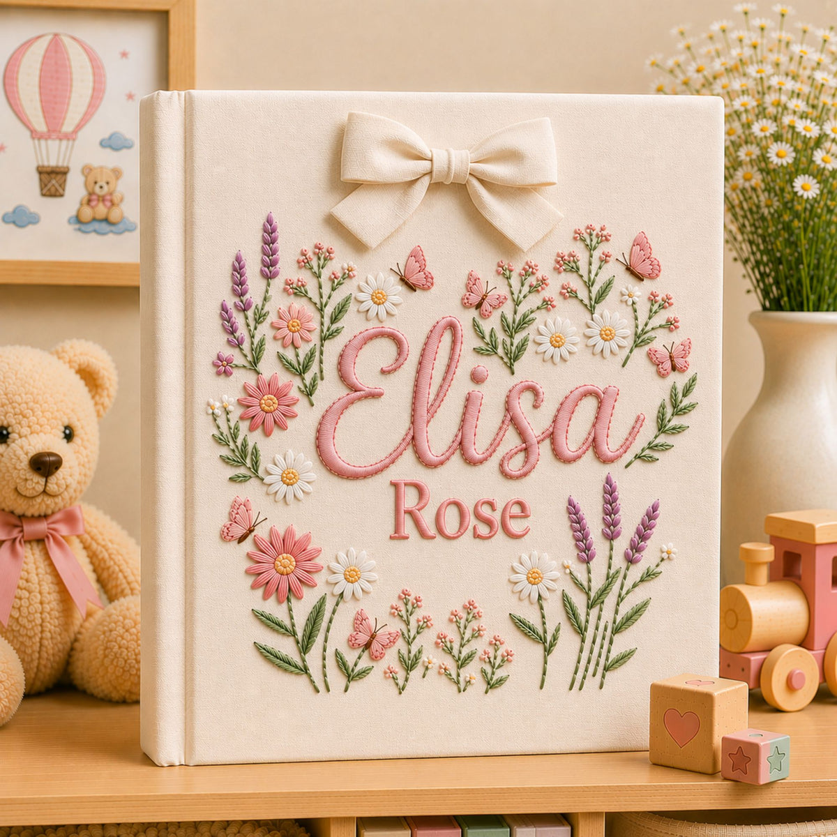 Custom Hand Embroidered Baby Photo Album, Custom Name Floral Nursery Memory Book, Butterfly Wildflower Keepsake, Baby Shower Gift for Girls