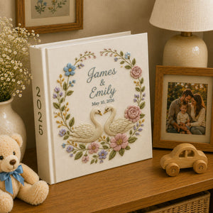 Custom Hand Embroidered Swan Floral Wedding Photo Album, Embroidered Rose Wedding Guest Book, Embroidered Swan Heart Memory Book