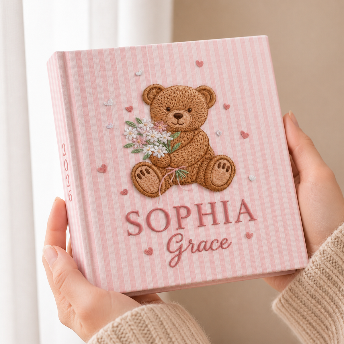 Personalized Baby Photo Album Embroidered Pink Striped Custom Name