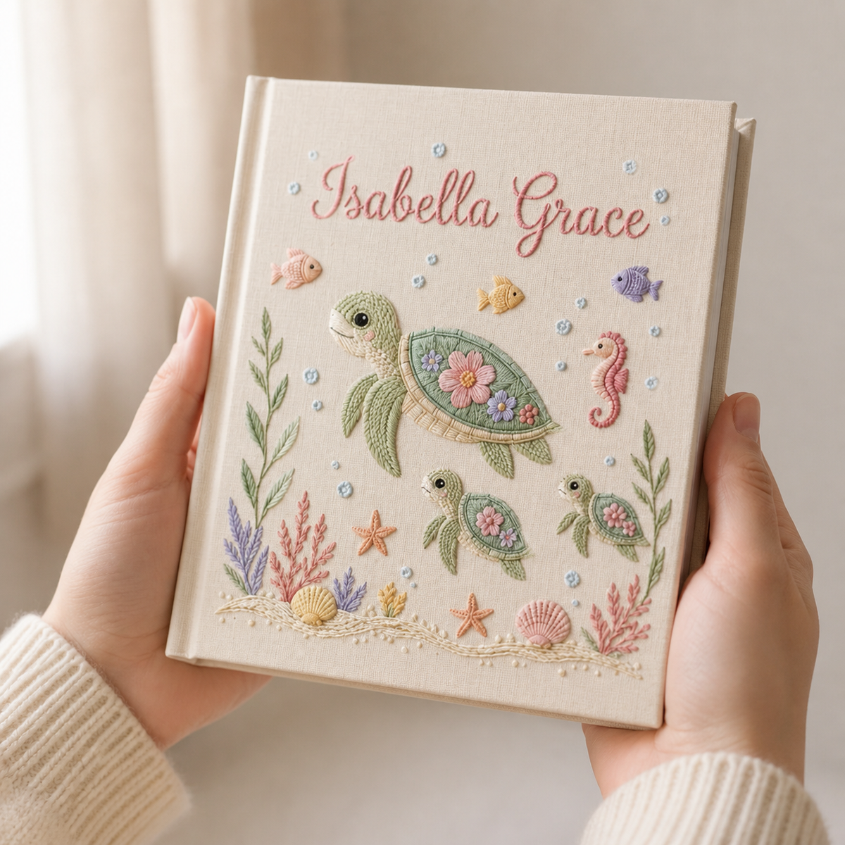 Personalized Baby Photo Album, Hand Embroidered Ocean Theme Name Album