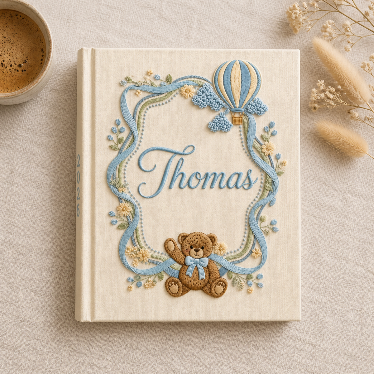 Personalized Baby Photo Album, Embroidered Teddy Bear Hot Air Balloon Memory Book